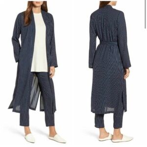 NWT Eileen Fisher Midnight Blue Stripe Belted Kimono Jacket Petite Large $358